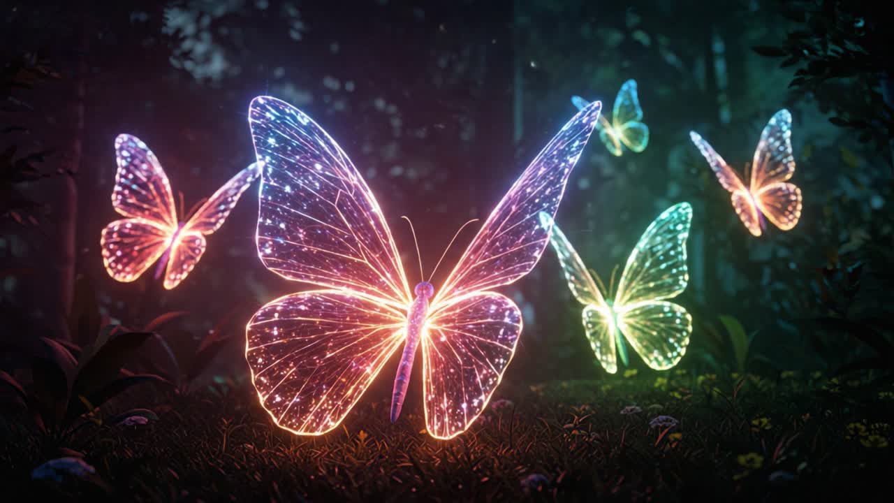 Una rappresentazione affascinante di farfalle colorate e luminose che danzano con grazia in una foresta mistica, mettendo in mostra tonalità vivaci e intricati motivi di luce tra il verde lussureggiante e la serenità