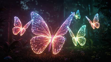A mesmerizing display of colorful, glowing butterflies gracefully dancing in a mystical forest, showcasing vibrant hues and intricate patterns of light amidst lush greenery and serenity