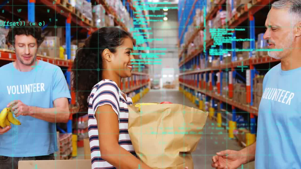 animación del procesamiento de datos sobre diversas personas que trabajan en el almacén