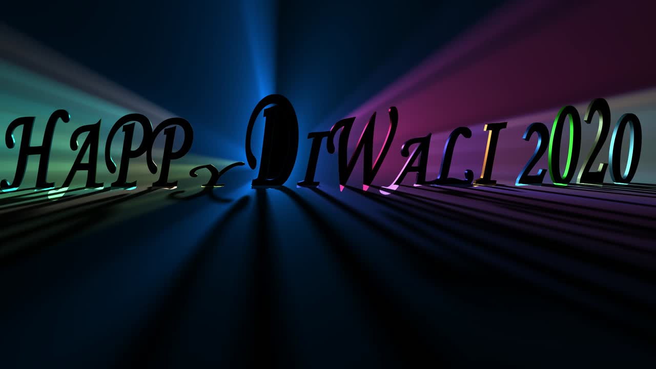Happy Diwali, 3D animations of dancing words or letters along with Multicolor spreading and moving light rays in different colors, 3D Text animation.