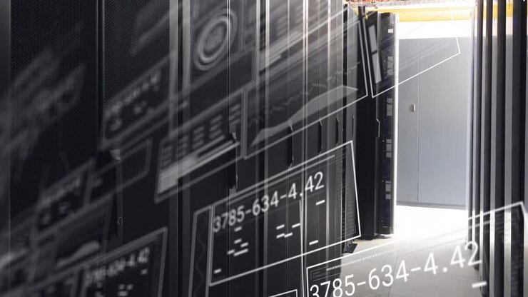 Animation of interface with data processing against computer server room