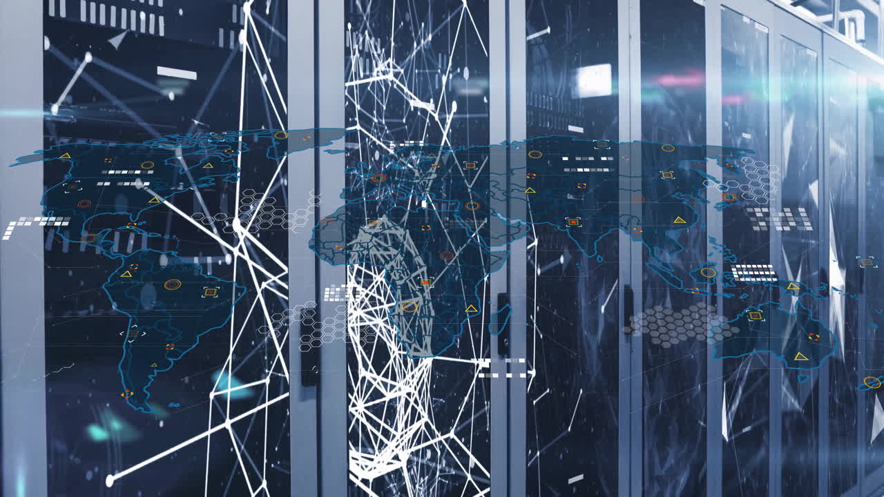 High-tech data center showing floating network nodes, with hexagonal grid overlay on server racks