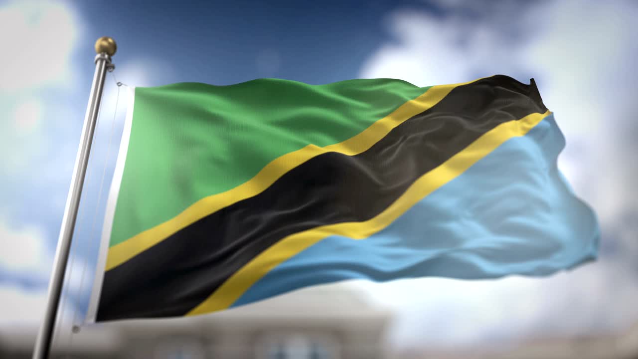 Bandiera della Tanzania che sventola al rallentatore, rendering 3D su sfondo cielo blu - Loop continuo 4K