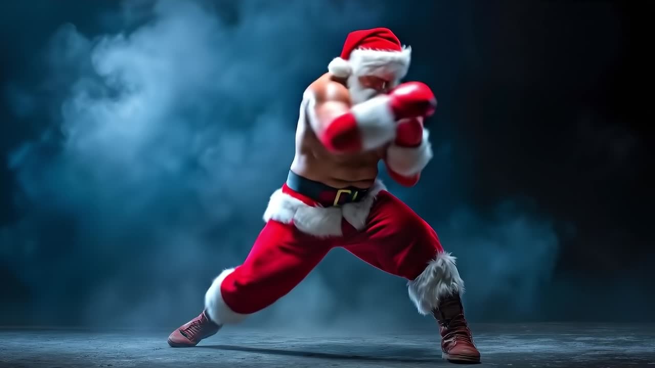 A man dressed as Santa Claus in a boxing stance