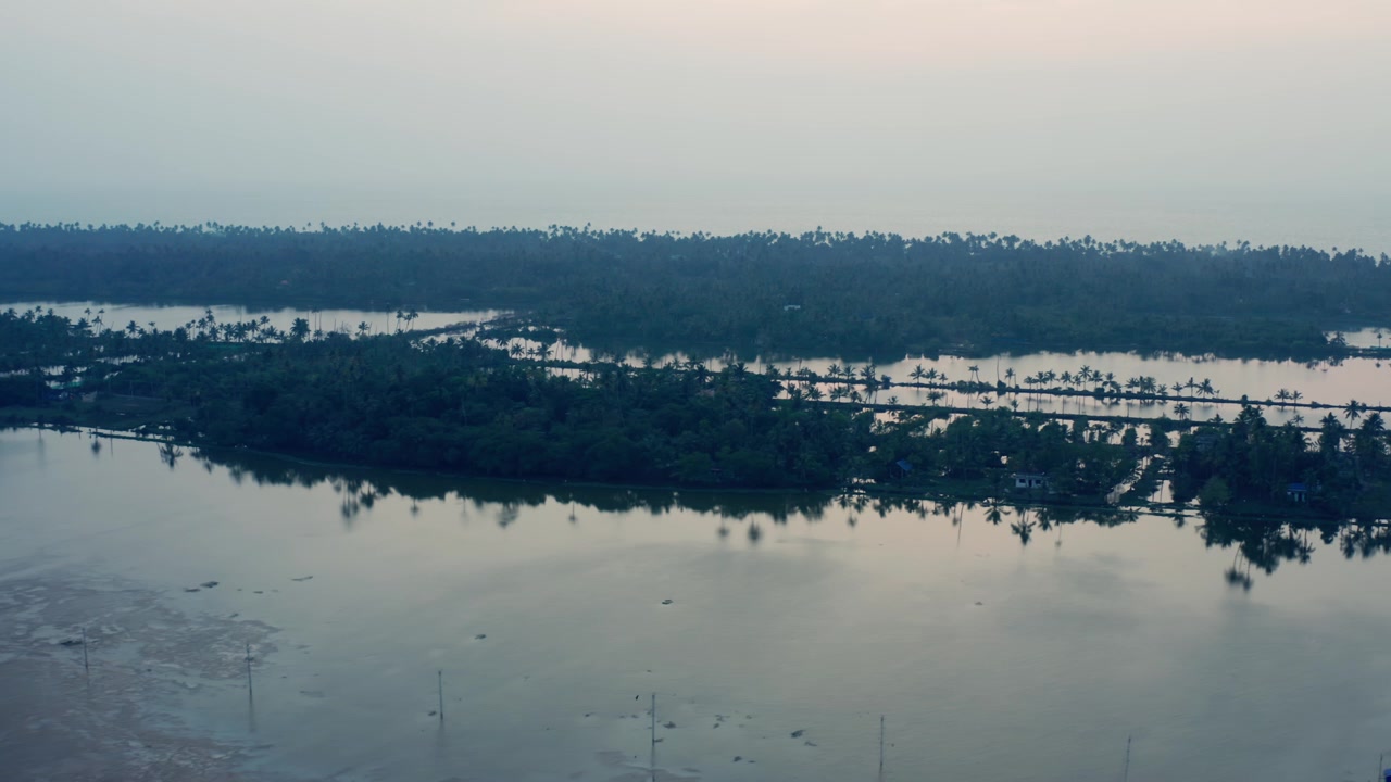 Oversvømmet bagvandslandskab med oversvømmede palmeskove og stillestående vand, der dækker lavtliggende kystområder i Kerala. Overskyet himmel skaber dæmpede refleksioner over det oversvømmede terræn