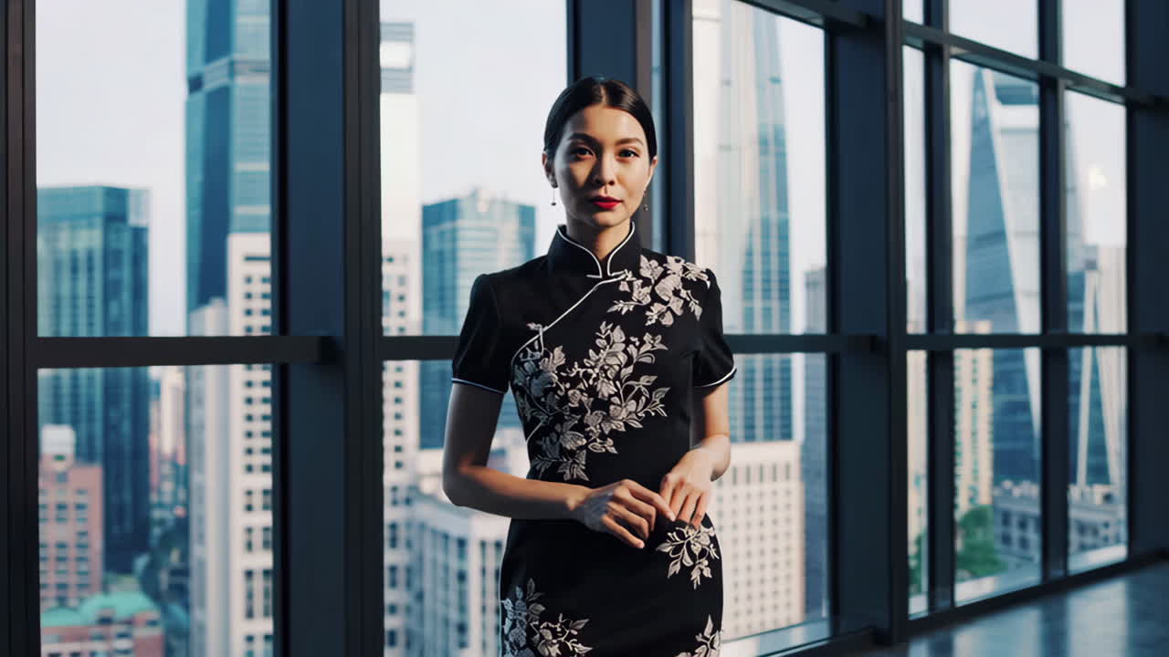 Elegant Woman in Traditional Chinese Dress Against a City Skyline