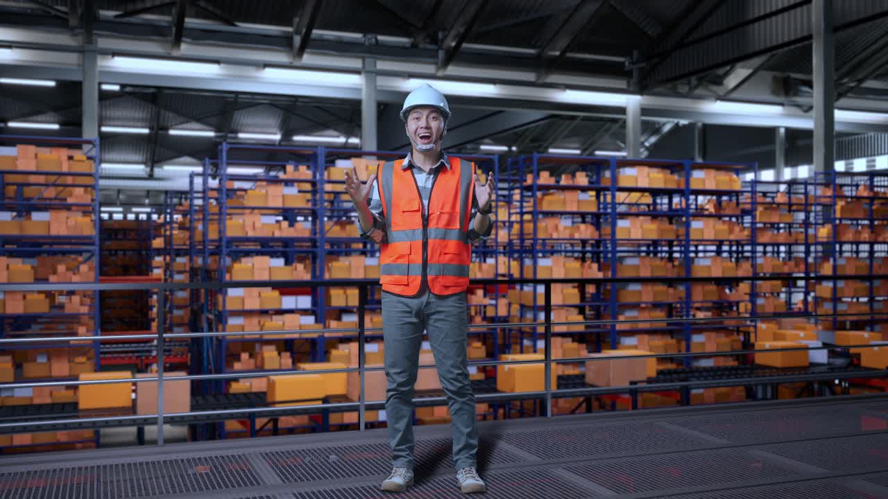 Full Body Of Asian Male Engineer With Safety Helmet Standing In The Warehouse With Shelves Full Of Delivery Goods. Smiling To Camera And Saying Wow In The Storage