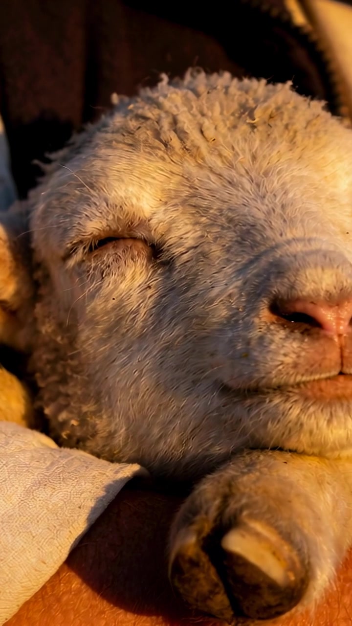 Video verticale: Cullando un agnello tra le braccia, una persona tiene calmo l'agnello, con lo zoccolo vicino al mento e una manica chiara.