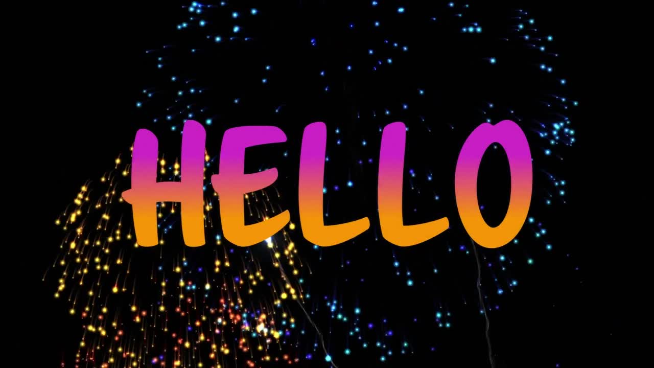 Animation of hello over fireworks on black background