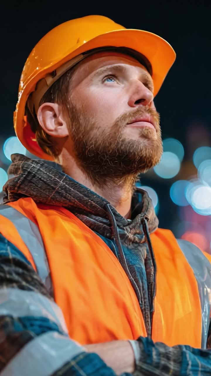 Operaio edile con indumenti protettivi riflette sul lavoro, circondato dalle luci notturne della città, sottolineando la sicurezza e la responsabilità nella forza lavoro