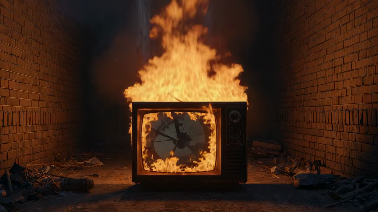 Flickering flames engulfing vintage shattered CRT TV intensifying in brick alley, with smoke