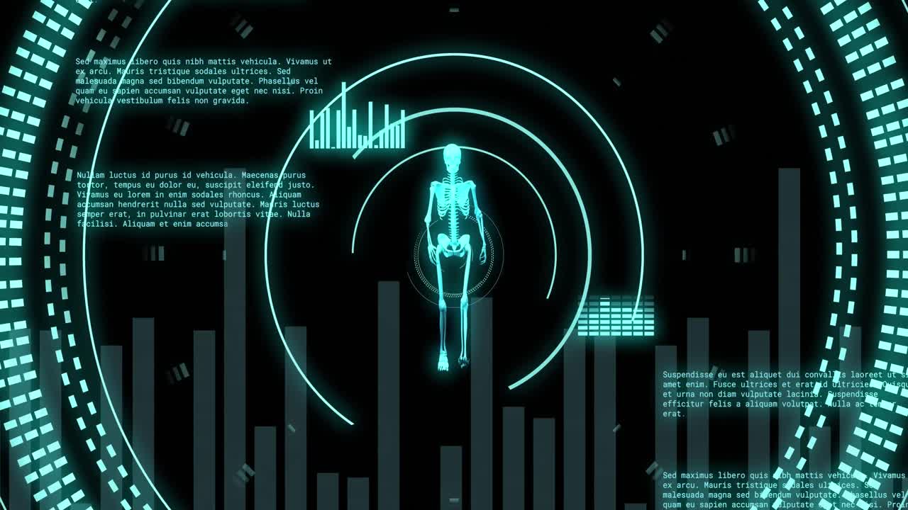 Animation of data processing with scope scanning and human skeleton on black background