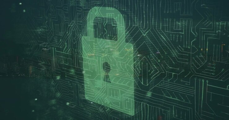 Digital Security Concept with Glowing Padlock and Circuit Board Overlay
