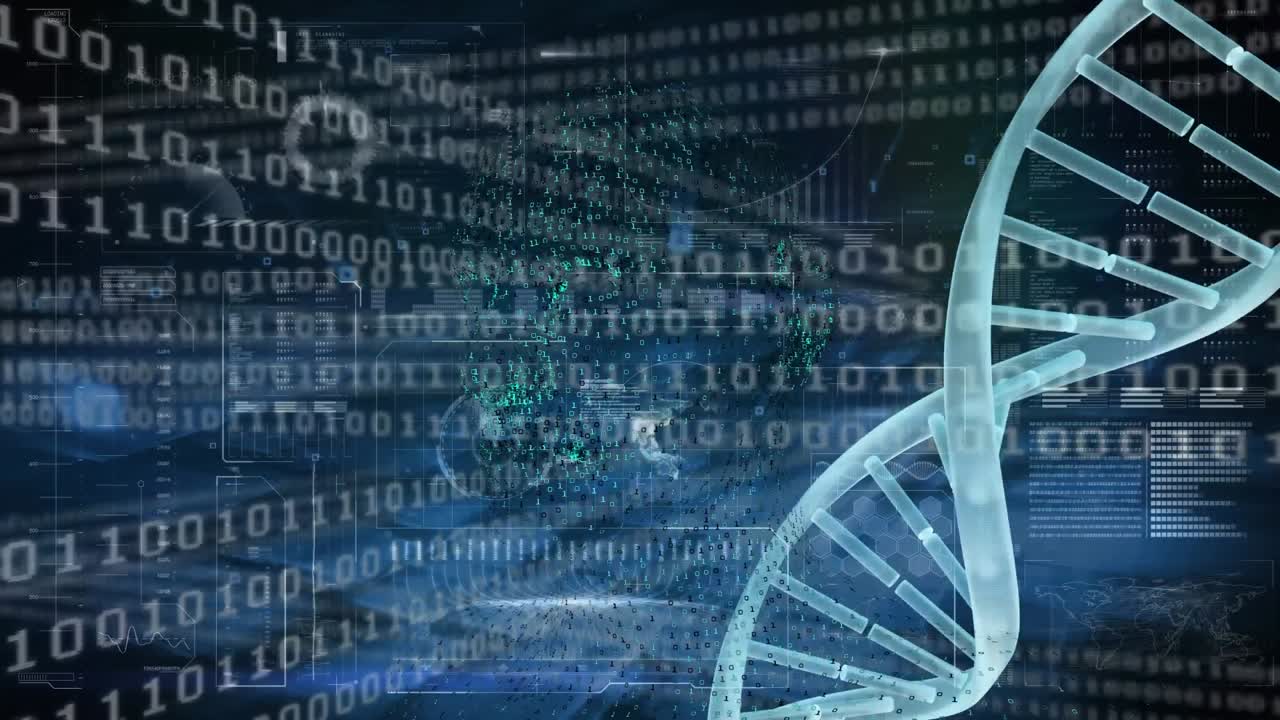 animación de la cadena de adn sobre el procesamiento de datos y la codificación binaria
