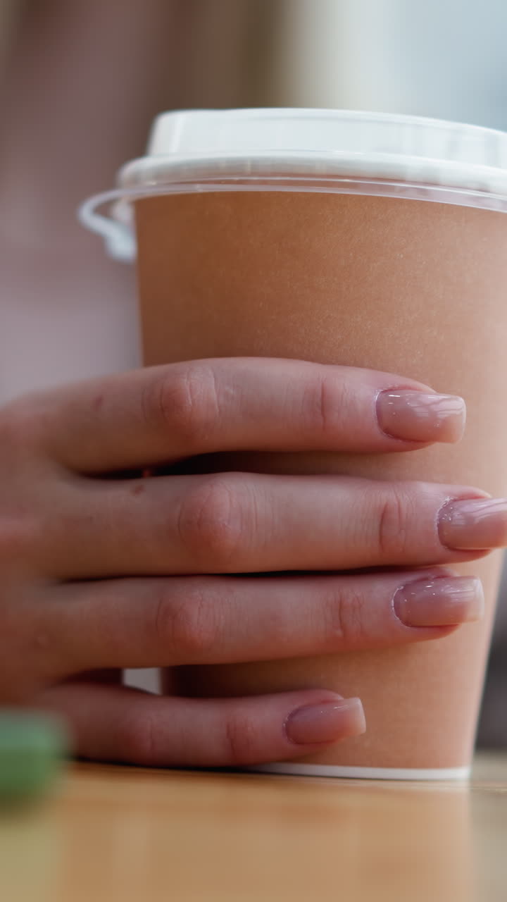 vista de cerca de la mano de la dama tocando la taza de café en la mesa de madera con una vista parcial del teléfono en el fondo, creando una atmósfera acogedora con un borrón suave