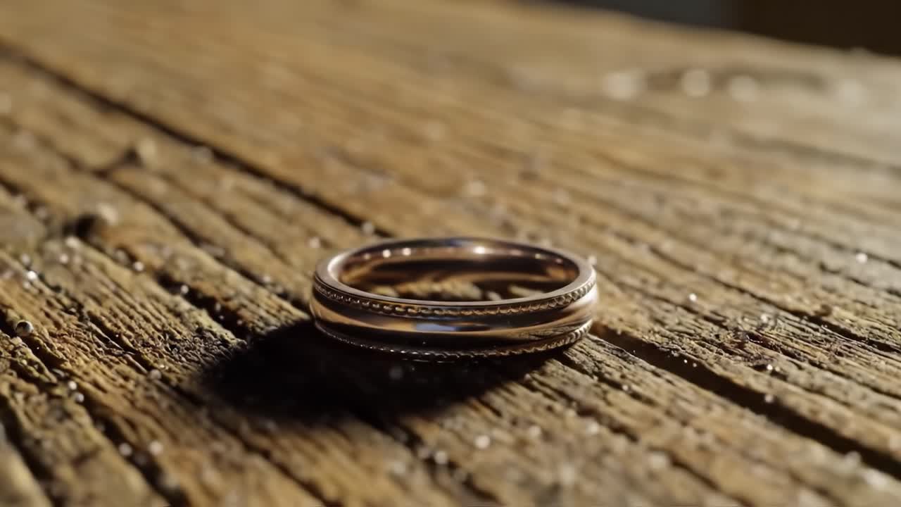 A wedding ring glistens in the warm sunlight on a rustic wooden surface, showcasing intricate designs and textures. This serene moment captures the essence of love and commitment.