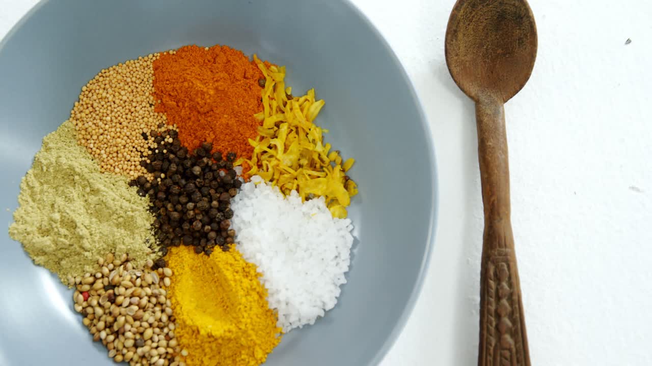 varias especias dispuestas en un plato con cuchara 4k