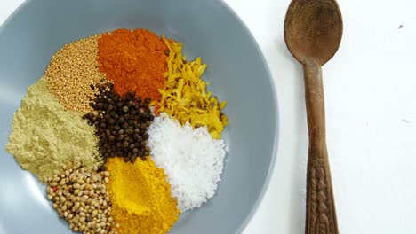 various spices arranged in plate with spoon 4k