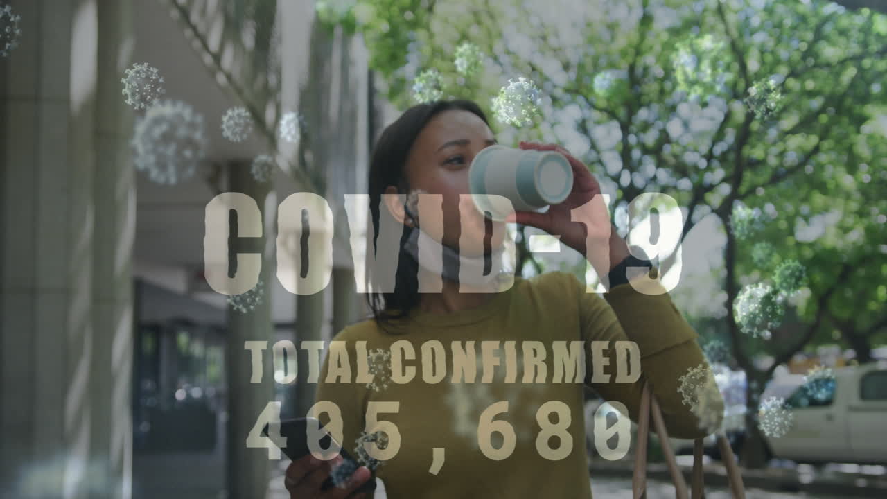 Covid-19 text with increasing numbers against woman drinking coffee and using smartphone