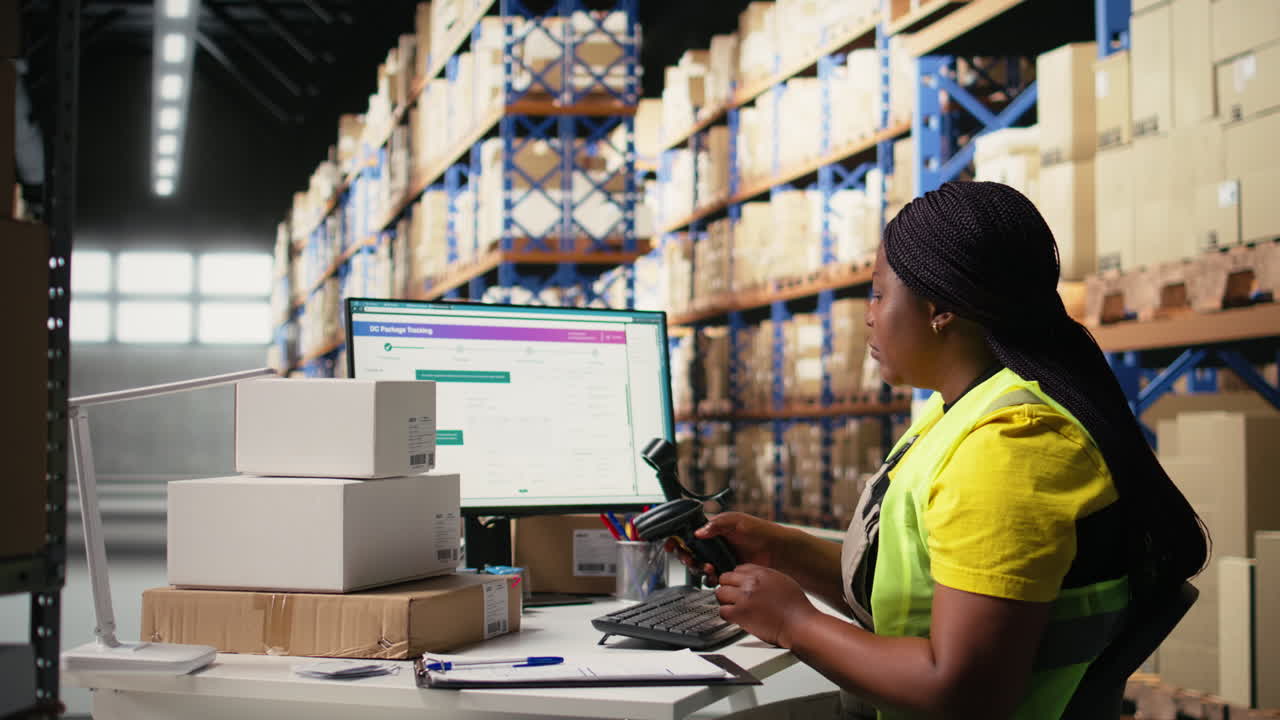 Vertical Video Staff member managing barcodes awb scanning tasks for online shopping orders