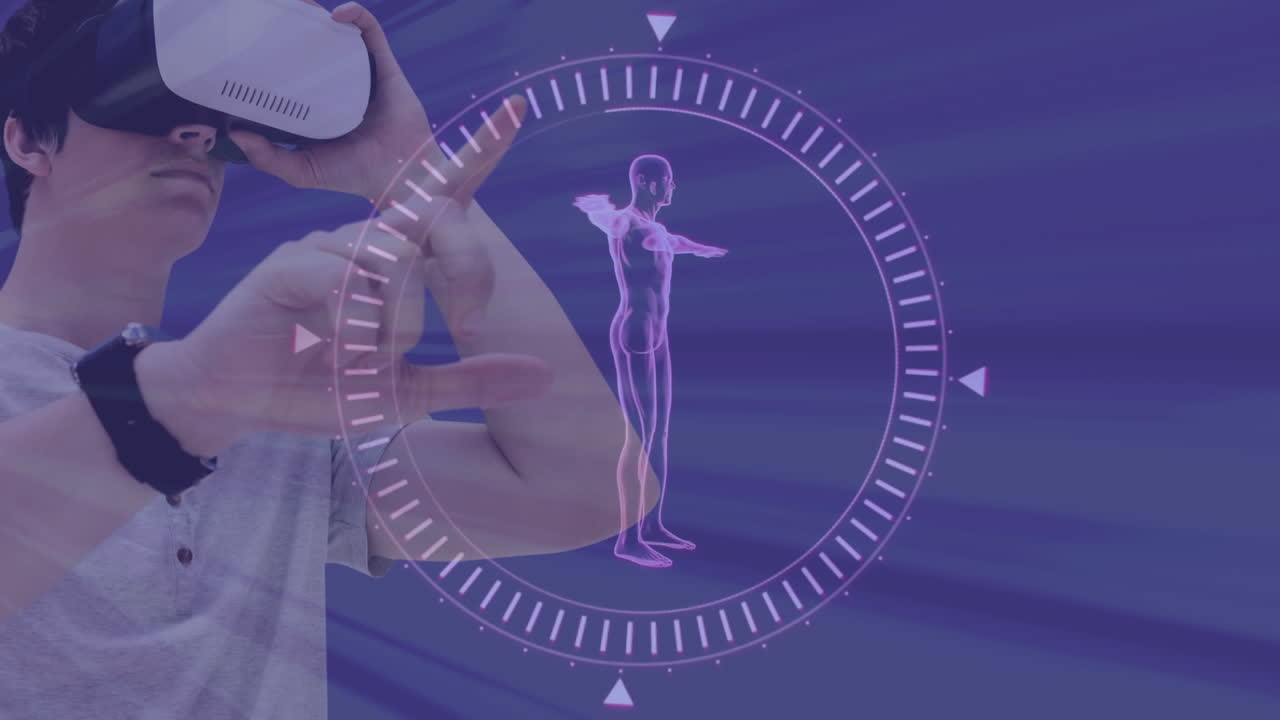 usando auriculares vr e interactuando, persona con animación holográfica del cuerpo humano