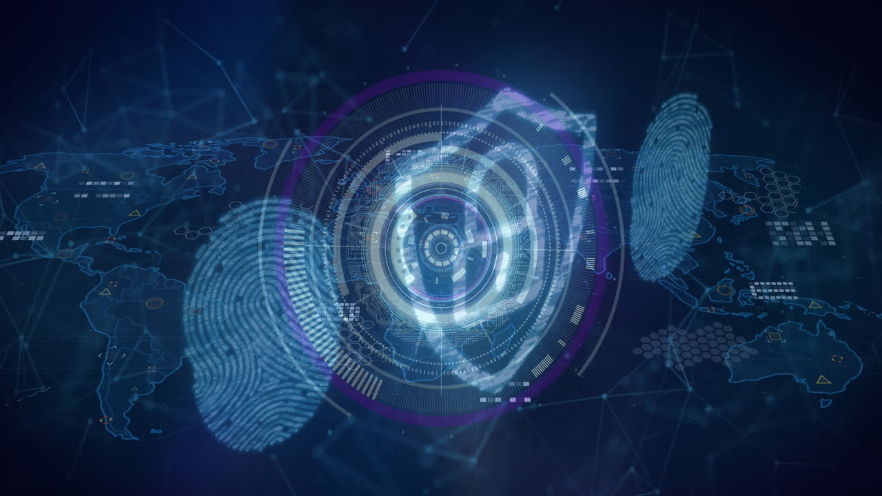 Animation of scope scanning over padlock icon and network of connections on black background