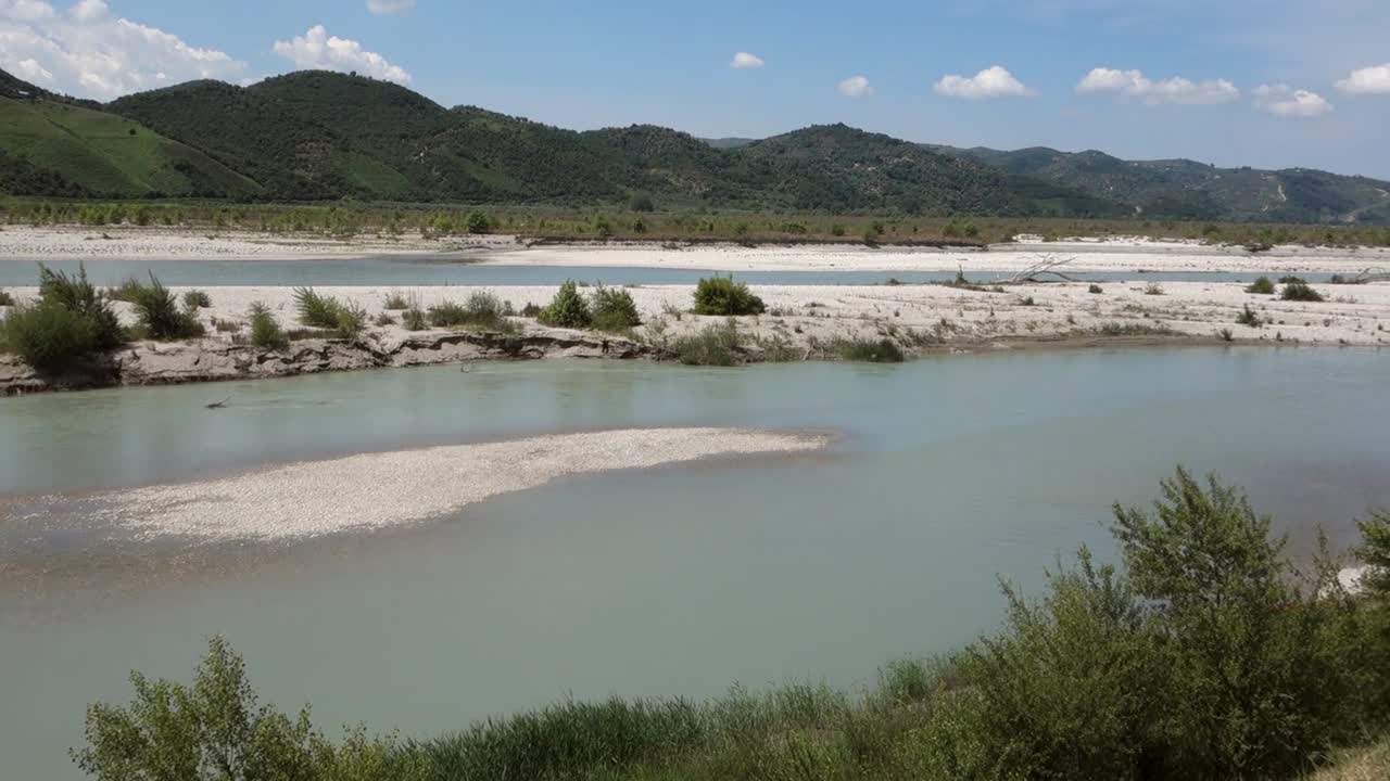 panoramic of wild Vjosa river and mountains. Albania, Europe