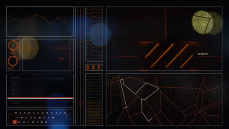 análisis de datos y animación de mapeo sobre interfaz futurista con gráficos y códigos