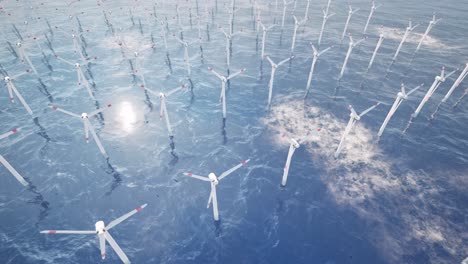 offshore wind turbines farm, wind turbines farm in the sea, with snowy mountains in the background, 3d animation, animated scene, top view