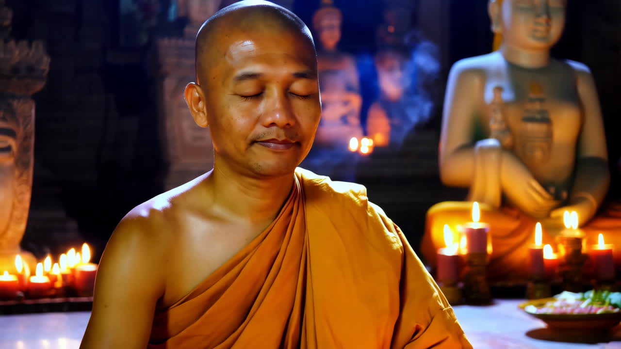 Buddhist Monk Meditating in a Temple with Candles