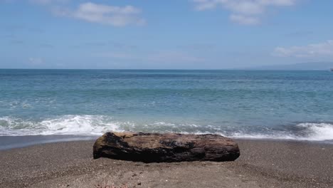 Meereswellen,-Die-Am-Strand-Mit-Baumstamm-Auf-Sand-Spritzen