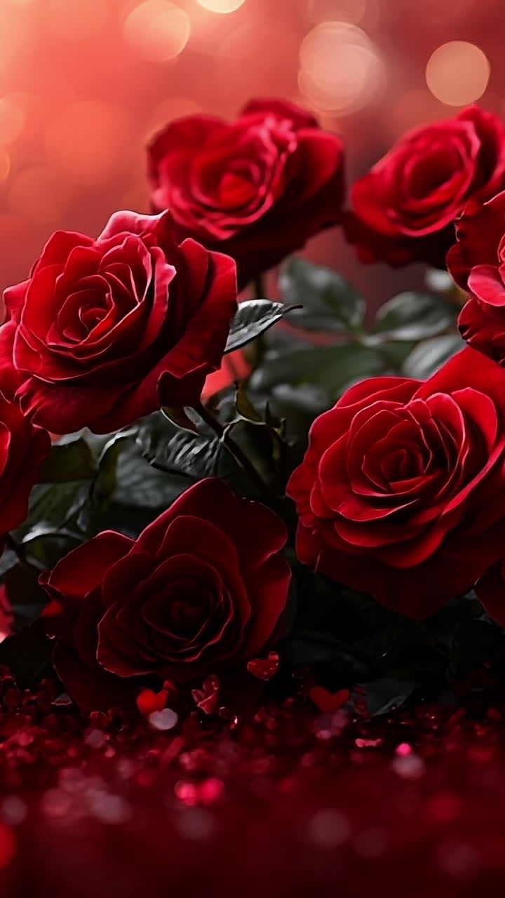 Red roses against a sparkling background. Vibrant red roses arranged beautifully with sparkling lights in the background, creating a romantic atmosphere.