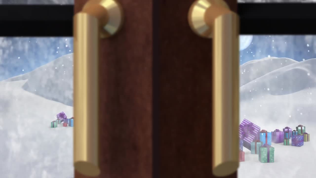 크리스마스 트리와 산타 슬레이가 창문을 통해 보이는 겨울 크리스마스 장면의 애니메이션