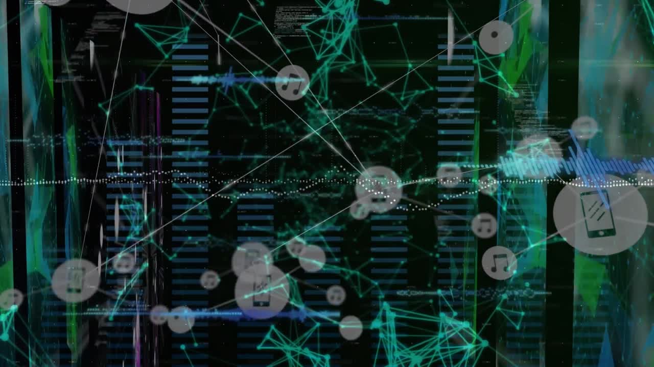 Animation of moving columns with network of connections on black background
