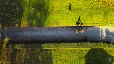 Aerial-4K-drone-footage-of-a-woman-cycling-on-the-walkpath-during-the-golden-hour