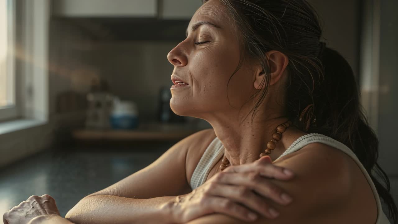 Mulher de meia-idade sentada, se reconfortando no balcão ao lado da janela com luz suave caindo, usando colares
