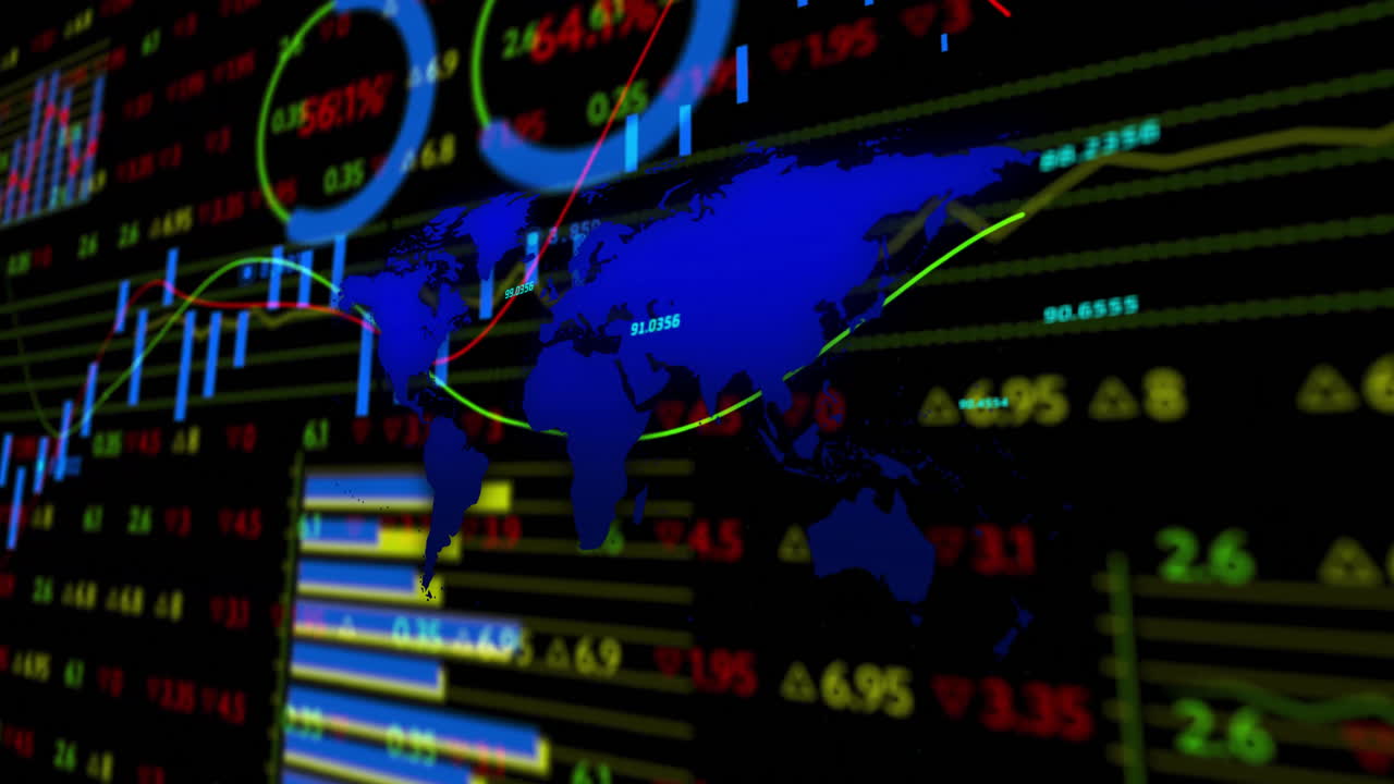 Overlaying animation of world map and financial graphs on digital display