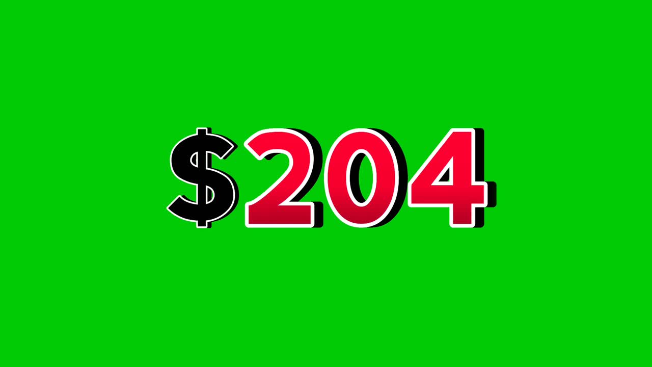 Animation number $204 dollar sign motion graphics with smoke effect green screen background vibrant red numbers. Video 3D effect with shadows for video elements business concept