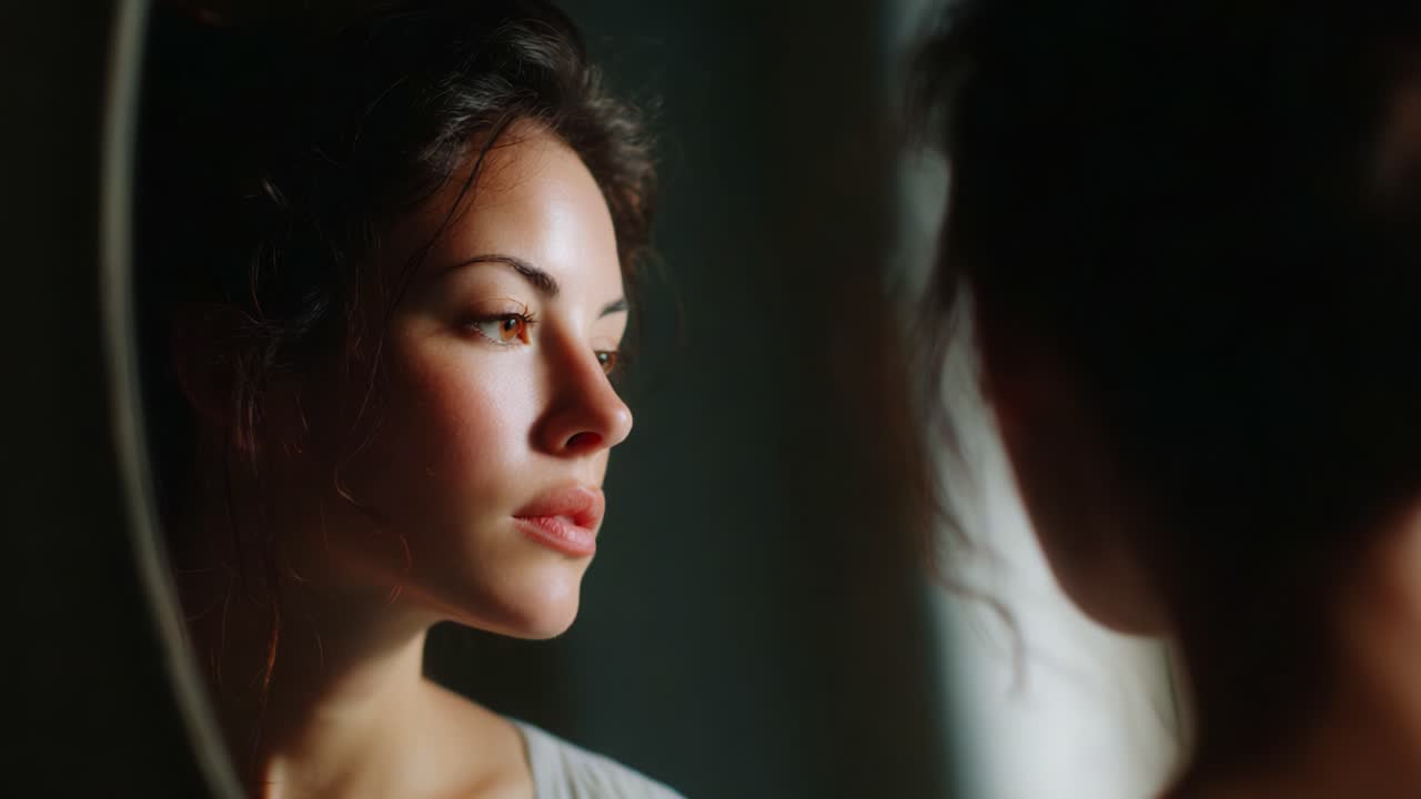A Young Woman's Introspective Moment Captured in a Soft Natural Light Reflection, Evoking Emotions of Contemplation, Beauty, and Inner Thoughts in a Serene Setting