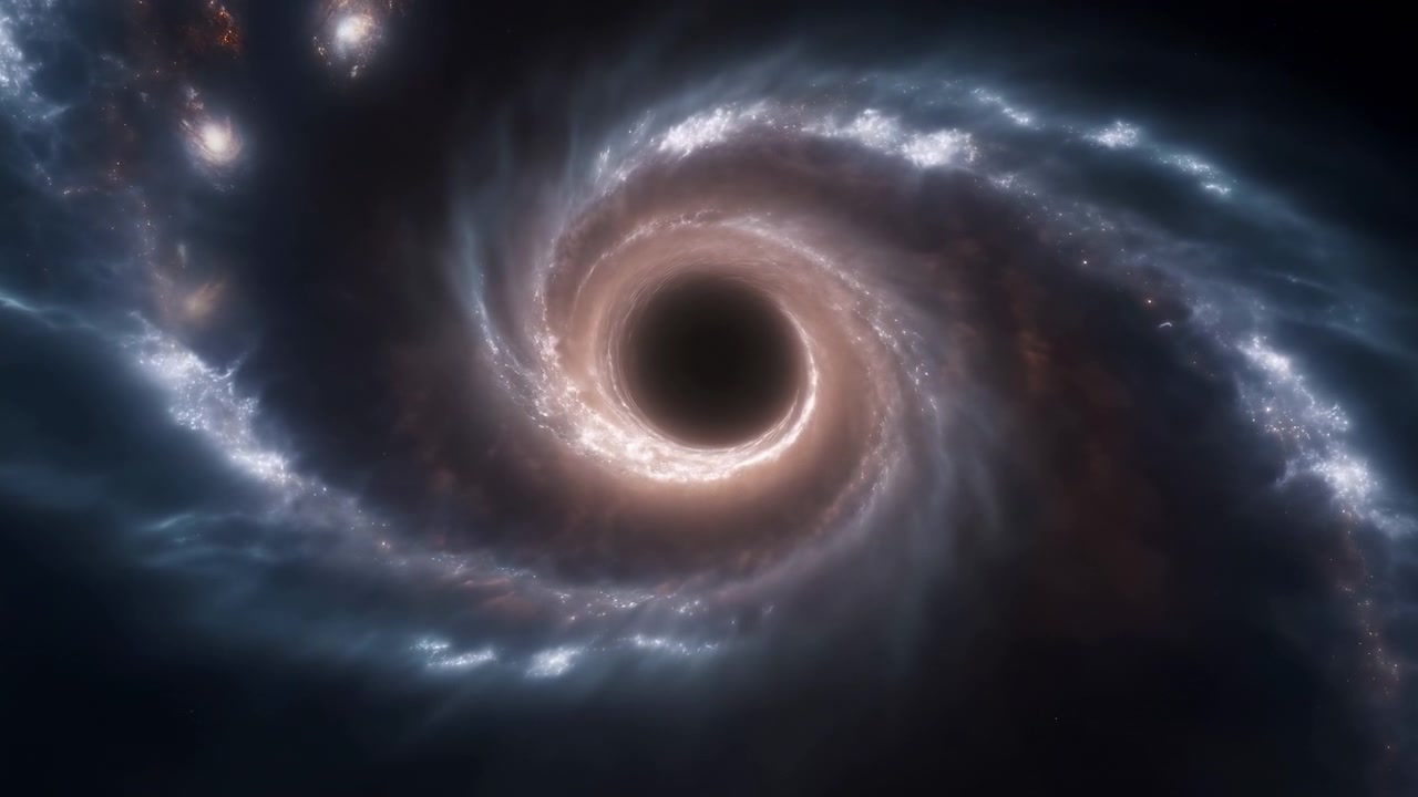Glowing spiral arms slowly shift around a dark circular center while bright star clusters and smoky blue-gray light form layered depth across a dramatic astronomical scene.
