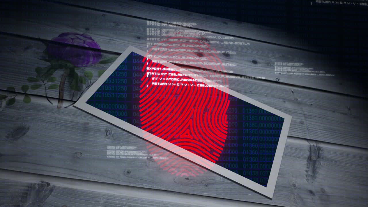 Fingerprint animation overlay on wooden surface with purple flower in school setting