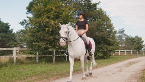 Girl,-a-horseback-rider,-riding-snow-white-horse-on-a-sunny-day,-low-angle-shot