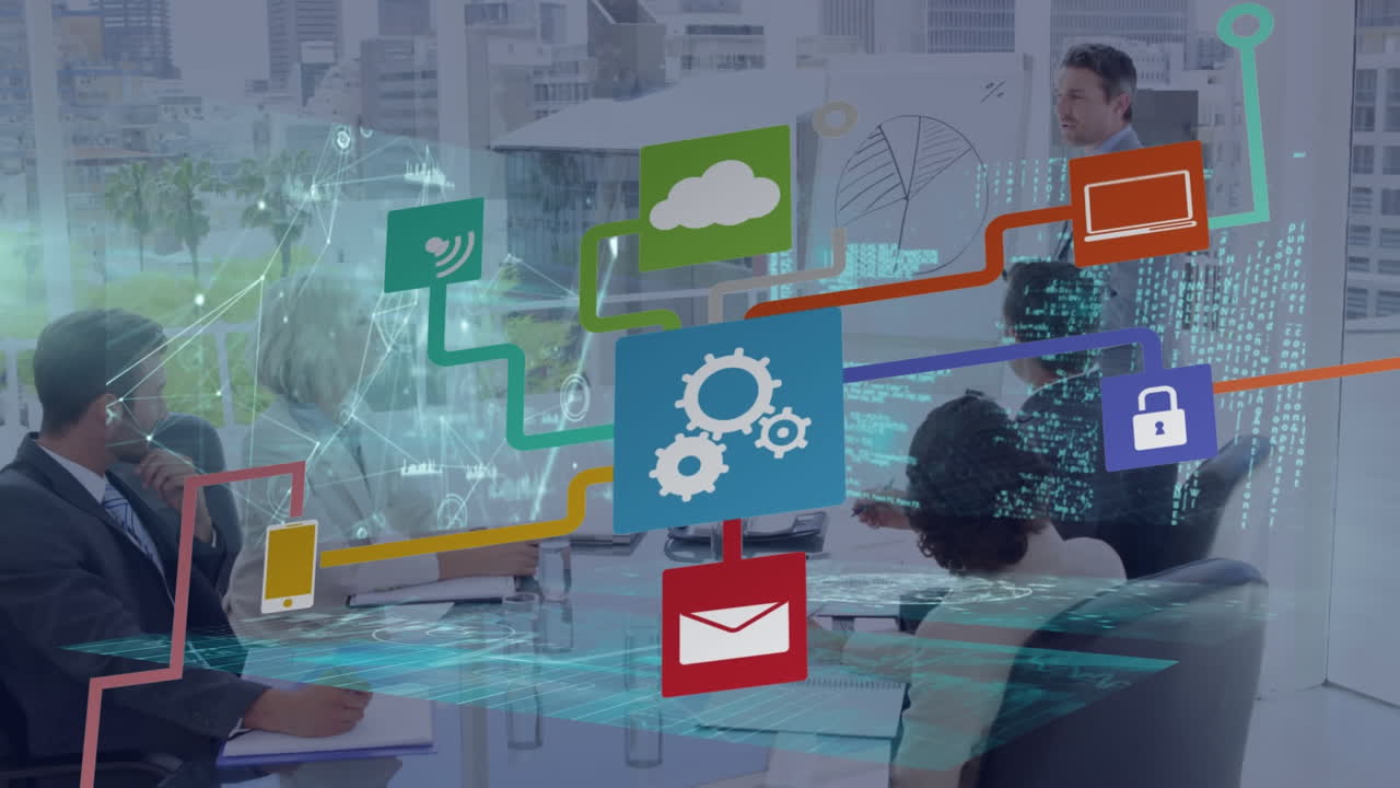 animación de la red de conexiones con iconos sobre diversas personas de negocios en la oficina