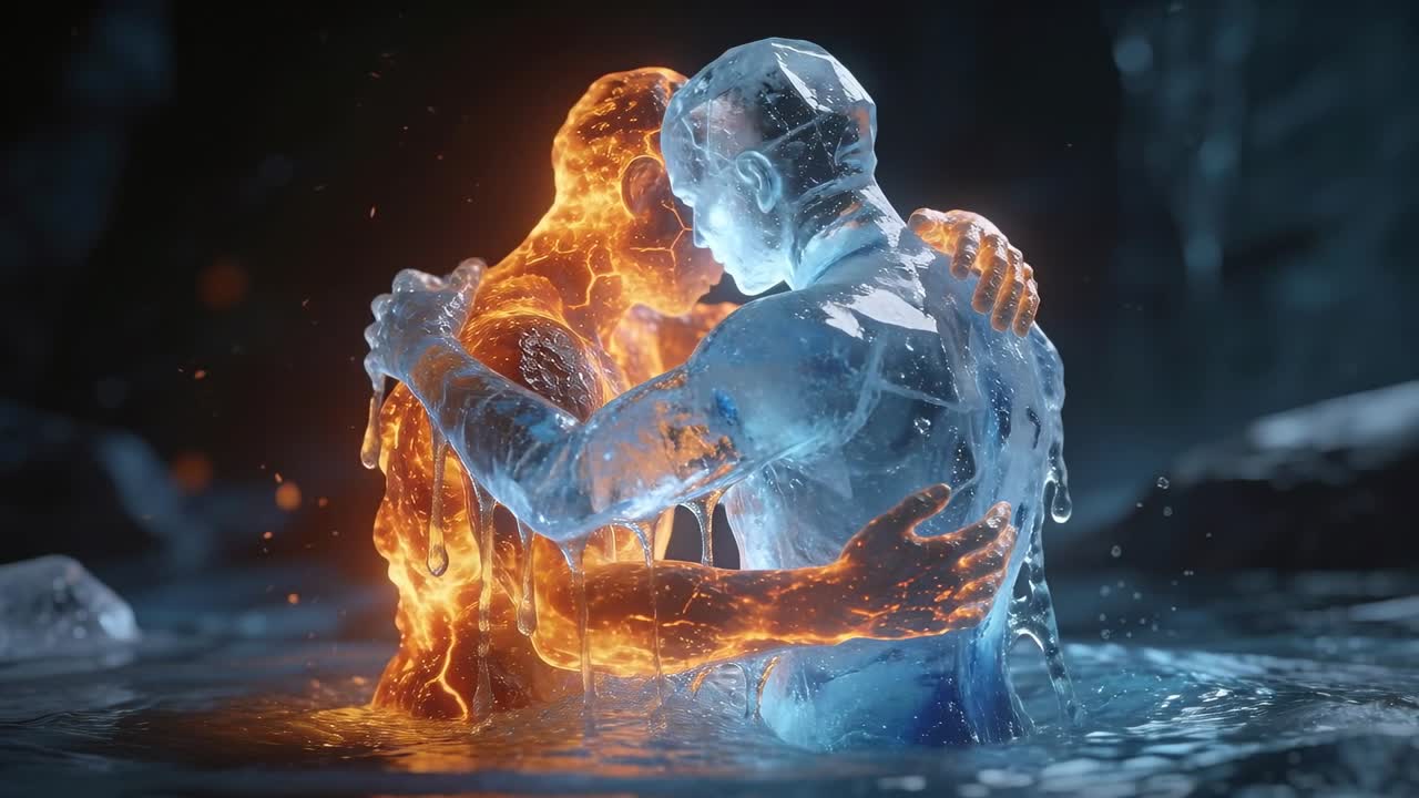 Pressing foreheads, two elementals tightening embrace in pool, molten or ice flowing showing love