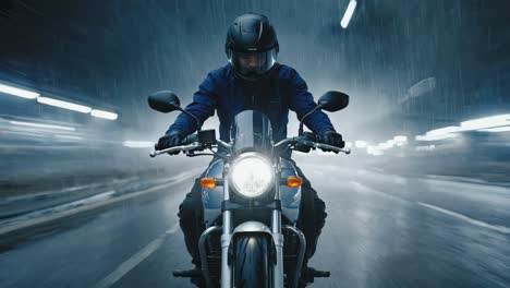 Motorcyclist Riding Through a Wet Tunnel