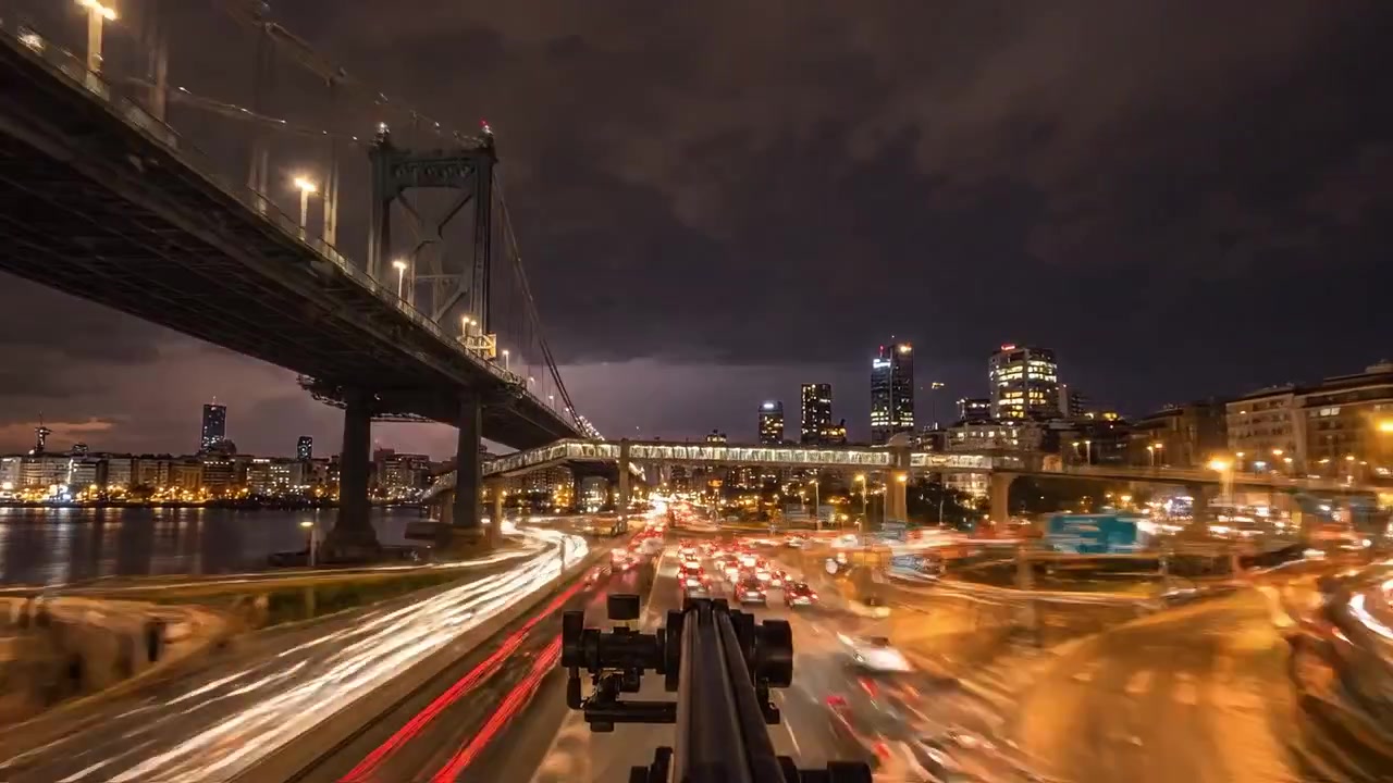 Captivating Nighttime Urban Landscape Featuring a Dynamic City Bridge and Traffic Flowing Underneath, Showcasing Scenic Views and Vibrant City Life