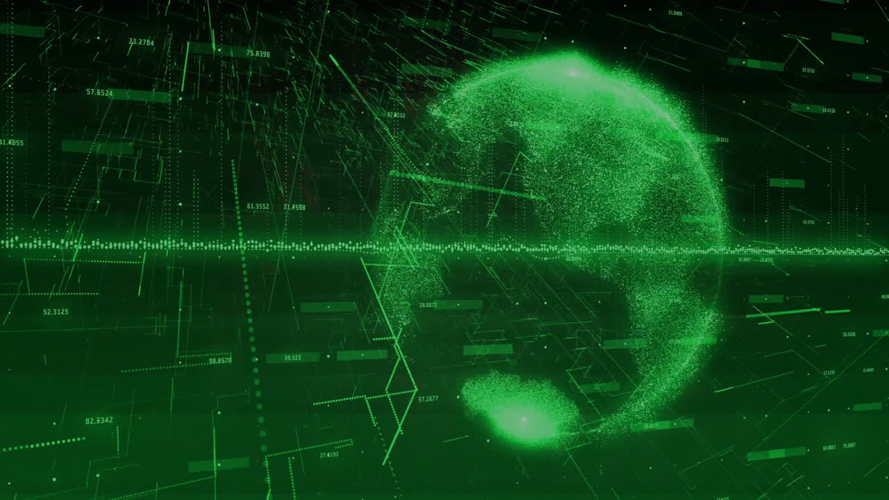Green digital globe with data streams and binary coding animation