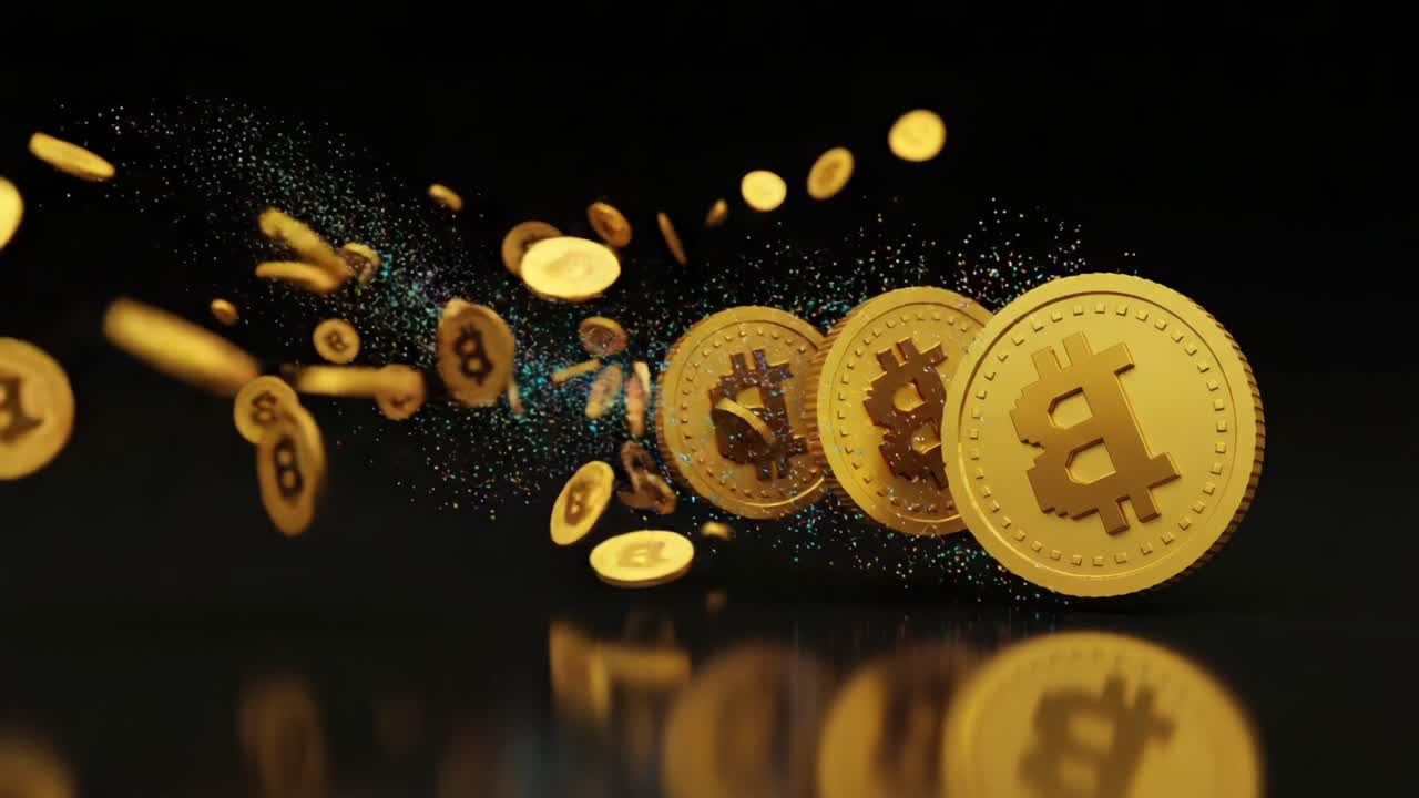 Dynamic Visualization of Floating Cryptocurrency Coins with Sparkling Effects Against a Dark Background, Highlighting the Innovation and Potential of Digital Currency Marketing