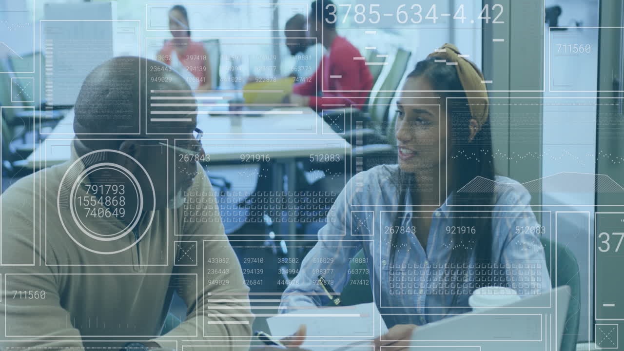 Animation of interface with data processing over african american man and woman discussing at office