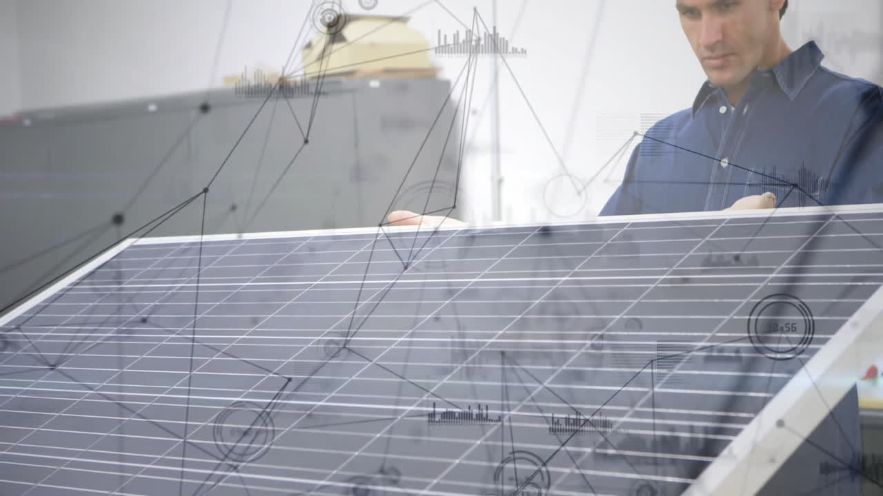 Inspecting solar panel, engineer with network connections animation overlaid